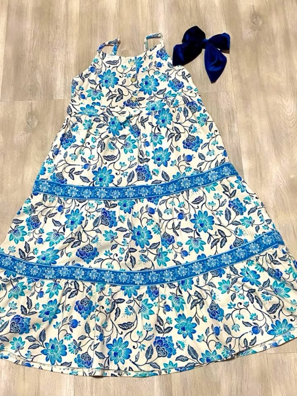 Old Navy White Sundress with Blue Floral Print and Bow